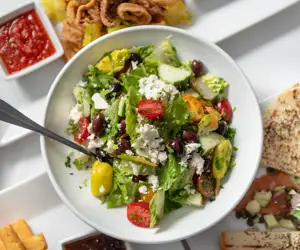 Greek salad and calamari appetizer at John's Cafe. 