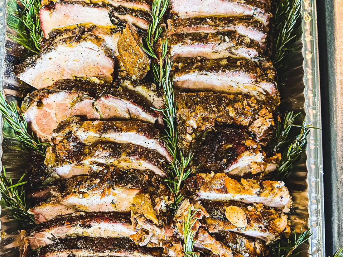 Sliced pork tenderloin catering tray. 