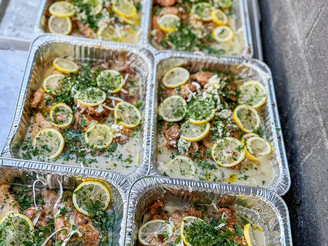 Chicken Piccata served in a lemon caper sauce.